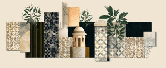 a delightful mix of organic designs and building pieces in collage artwork