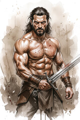 Obraz premium Muscular warrior stands ready with sword, showcasing battle-worn strength and determination.