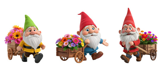 Fototapeta premium Cartoon cute gnome with a cart with flowers isolated on transparent background, 3D design