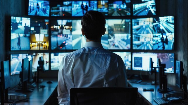 Security guard intently watching CCTV screens in a surveillance room
