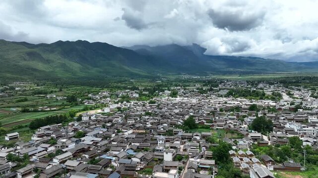 Baisha Ancient Town Aerial View with Mountain Landscape