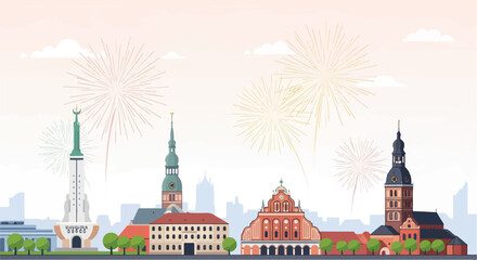 Festive fireworks illuminate a cityscape with historic architecture and a prominent monument