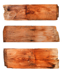 Three old wooden signs. Plank wood isolated for design art work or add text message. 