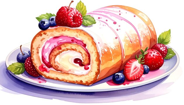 Delicious Swiss Roll Cake with Berries and Cream Illustration.