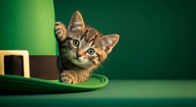 Cat peeking from behind leprechaun hat, St. Patrick's Day celebration concept.