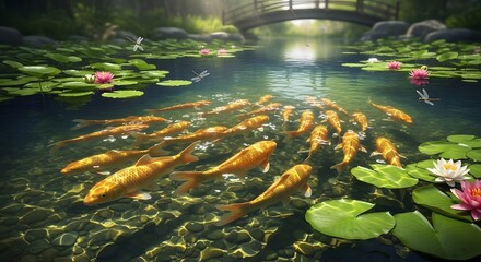 Golden koi fish swimming in tranquil pond with lily pads and bridge