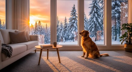 Golden retriever dog sits near window overlooking snowy winter forest