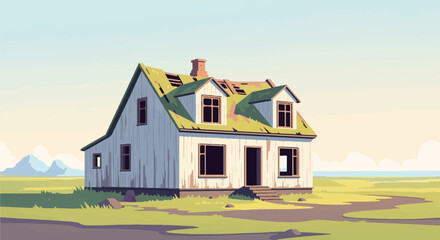 Obraz premium Dilapidated house with broken roof stands in grassy field under pale sky