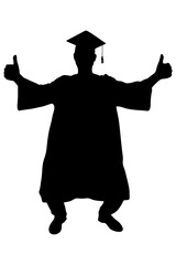 Graduate student silhouette showing two thumbs up, celebrating academic achievement. Vector illustration