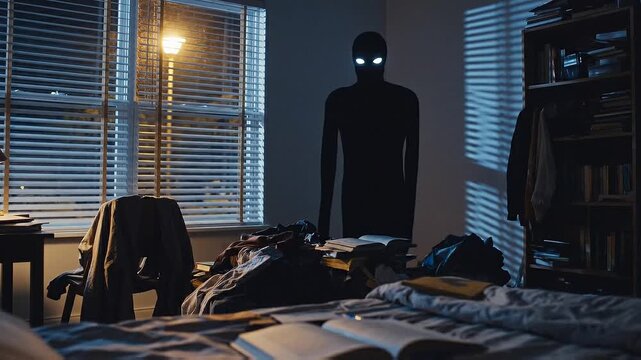 Menacing shadowy figure with glowing white eyes standing in a cluttered bedroom at night illuminated by street light.