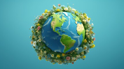 Stylized Earth Globe Surrounded by Lush Greenery and Colorful Flowers.