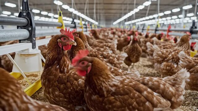 Large flock of chickens in a barn
