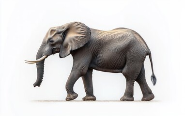 Obraz premium Majestic adult elephant walking with curved trunk and long tusks, wrinkled skin and large ears against a clean white background, calm and dignified