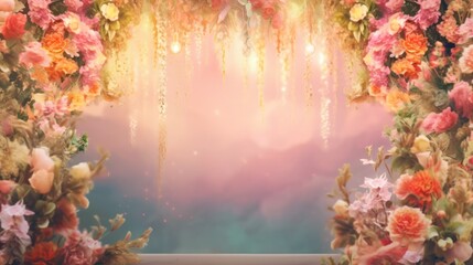 Beautiful Floral Archway with Soft Bokeh Lights for Events.