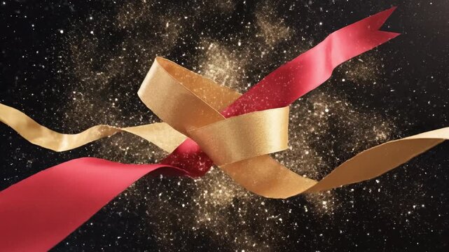 Festive ribbon golden red ribbon celebration sparkle glitter on black background holiday chinese new year joy swirl luxury border design starry night sky elegant flowing wave concept