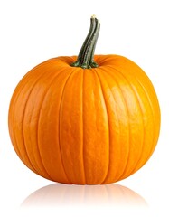 Obraz premium Rounded orange pumpkin with a green, ribbed stem, isolated on a white background