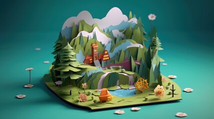 Whimsical Papercraft Mountain Landscape Diorama with Tiny Figures.
