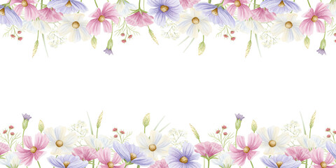 Elegant floral spring banner watercolor illustration isolated on white. Blooming cosmos flowers horizontal template. Pastel wildflowers in pink and purple colors for delicate botanical designs © Elena Malgina