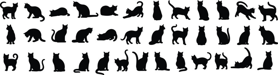 Black cat silhouette vector illustrations, feline poses, creative animal art, sitting standing walking stretching designs, logo inspiration, tattoo graphics © Roisul