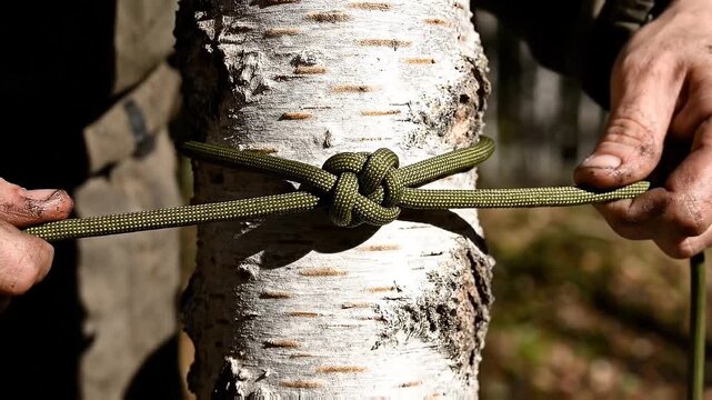 Close-up of dirty hands tightening a secure green rope knot around a white birch tree trunk in sunny forest.