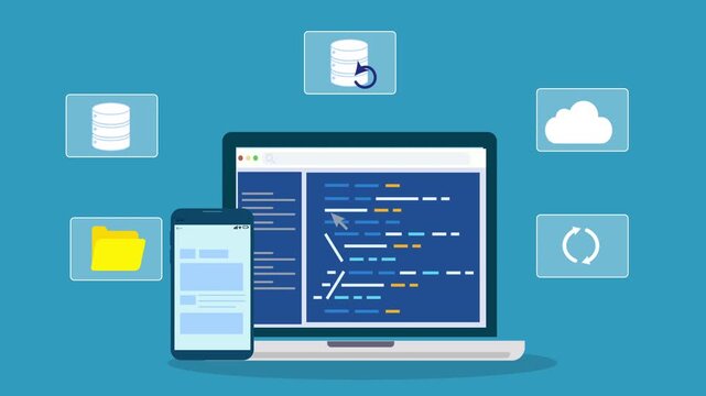 Laptop and smartphone displaying coding interface connected to cloud file management system, representing storage access, data synchronization, and software development workflow.
