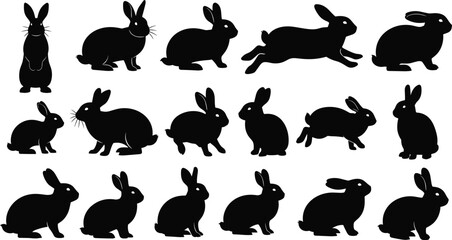 Collection of rabbit silhouettes in diverse poses, depicting sitting, hopping, running, crouching, and upright stances for vector illustration design © MstAlea