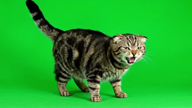 A grumpy tabby Scottish Fold cat with its mouth open, displaying its fangs against a bright green background, captured in a studio shot
