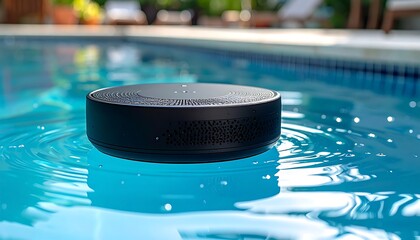 Speaker floats on rippling, azure pool water with blurry background of sun loungers and plants