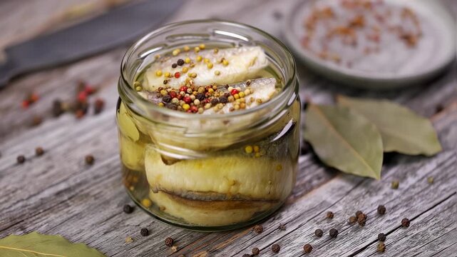 Delicious marinated herring in a jar on a wooden table gourmet food
