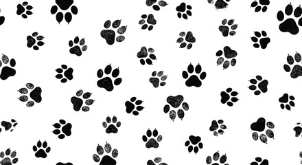 Animal paw print vector illustration, scattered black footprints design, decorative pet track artwork, abstract wildlife motif, textured nature pattern © Mozibur