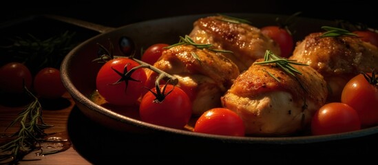 Delicious chicken and cherry tomatoes in a pan, ready to be served.