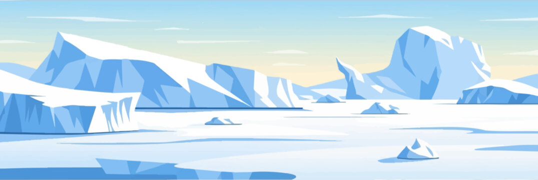 Flat, minimalist arctic landscape with blue icebergs and pale yellow sky