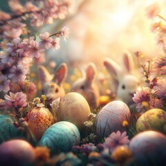 Obraz premium Little bunnies finding colorful Easter eggs in spring garden. Cute bunnies celebrating Easter surrounded by decorated eggs and blooming cherry blossoms