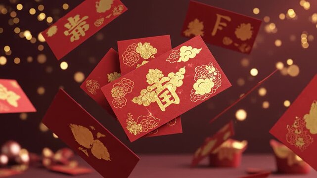 Floating red envelope chinese new year gold decoration lucky symbol prosperity festive celebration background wealth blessing lantern light flower motif sparkle bokeh joy tradition