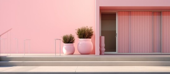 Minimalist Pink Building Facade with Potted Plants and Stairs.