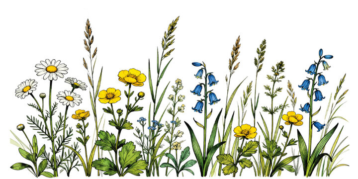 Wild flowers garden illustration in spring meadow landscape featuring colorful botanical blooms and natural vector floral border design.