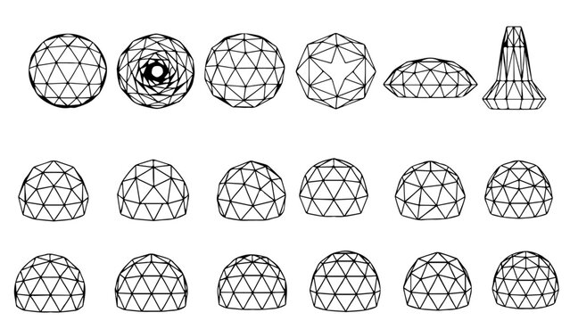 Geodesic sphere hexagon triangle line art pattern showcasing modern geometric dome structures with futuristic abstract architectural vector elements and design innovation.