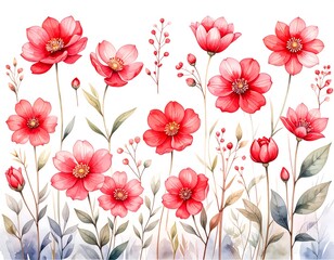 Watercolor painting of red flowers, blossoms, leaves, and buds against a white background