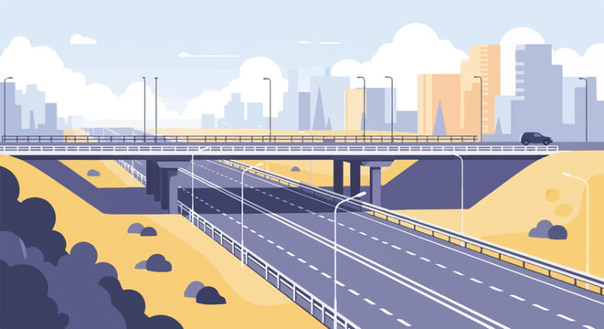 Flat illustration of a multi-level highway overpass with city skyline