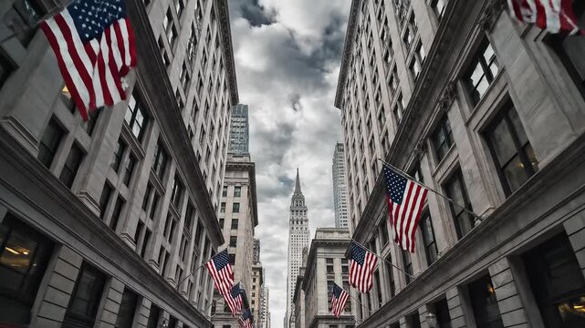 Urban street with flags and tall buildings