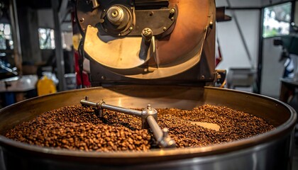 Coffee roaster full of beans. Metallic and aged machinery. Details abound