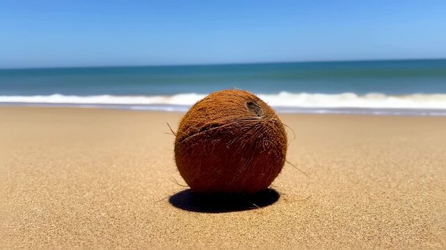 Tropical beach paradise with coconut on the sandy shore for vacation vibes
