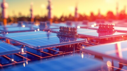 Futuristic Solar Panel Array with Industrial Towers at Sunset.