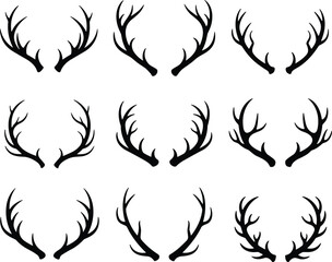 Obraz premium Antler silhouettes vector illustration with twelve unique branching designs, black icons arranged in grid layout for wildlife and decorative themes