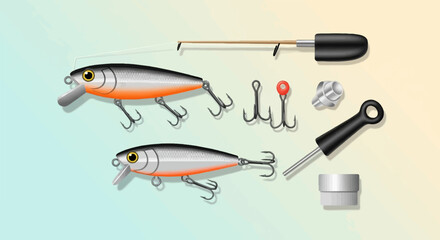 Fototapeta premium Fishing lures and tackle with rod and hooks on a light background
