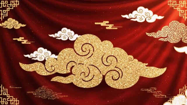 Gold cloud red silk chinese new year festive background golden cloud pattern waving fabric texture celebrating luck prosperity lunar holiday celebration design luxury glitter element