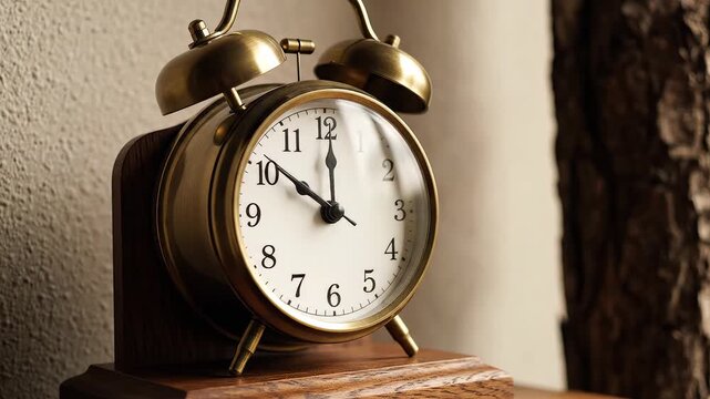 Vintage brass alarm clock on wooden base