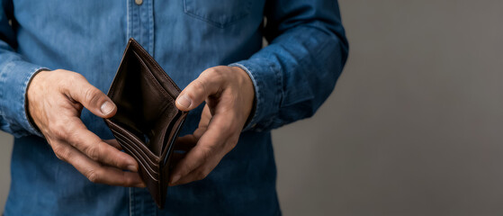 Fototapeta premium close-up of a man's hands showing an empty wallet; job loss and lack of money to pay expenses and rent; recession concept