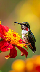 Hummingbird perched on a vibrant red & yellow flower. Sharp focus on bird & bloom. Soft, colorful backdrop