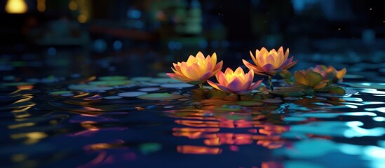 Serene Water Lilies Bloom in Tranquil Pond Reflecting Colorful Night Lights.